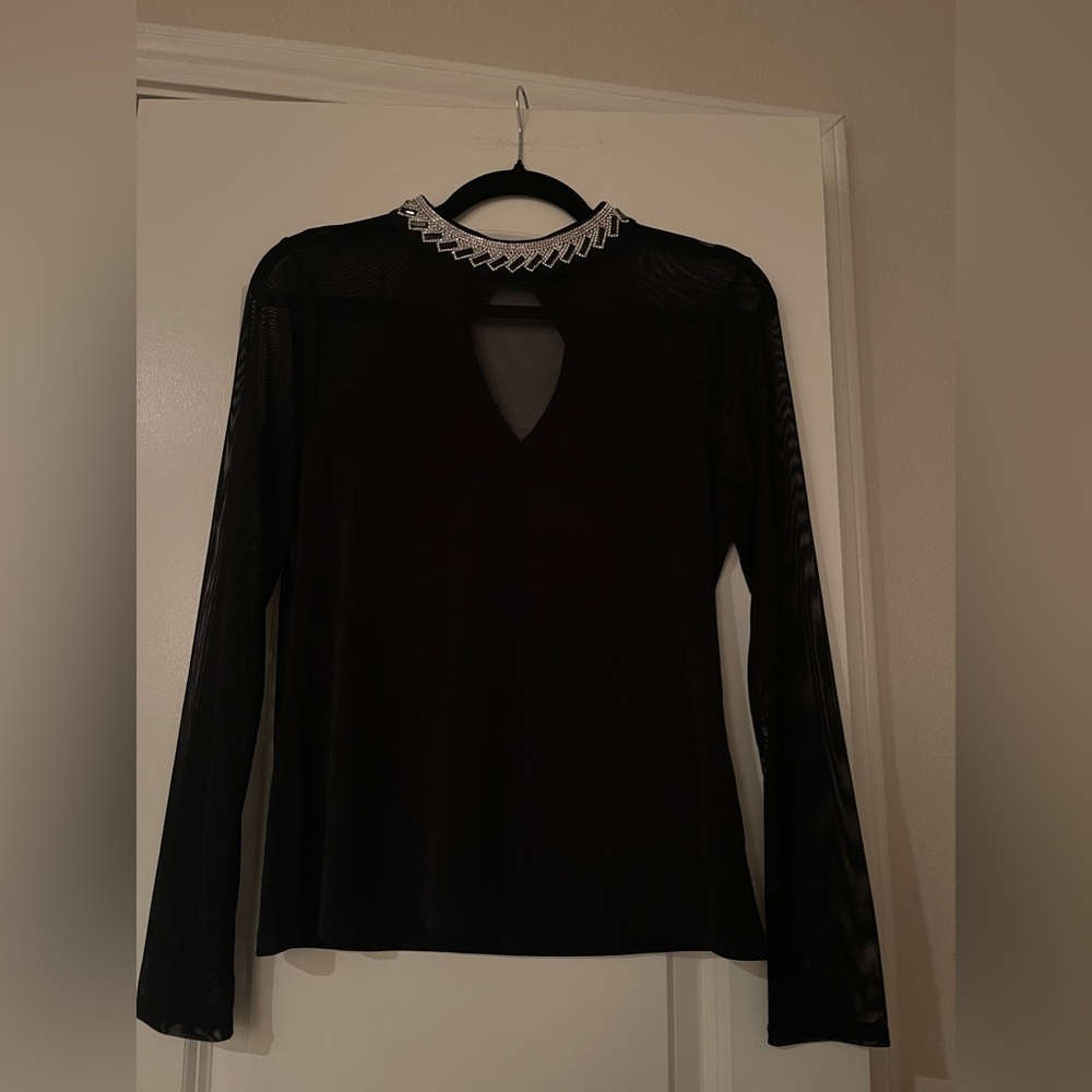 Moa Moa Rhinestone Collar Top with Sheer Mesh Panels - Size S